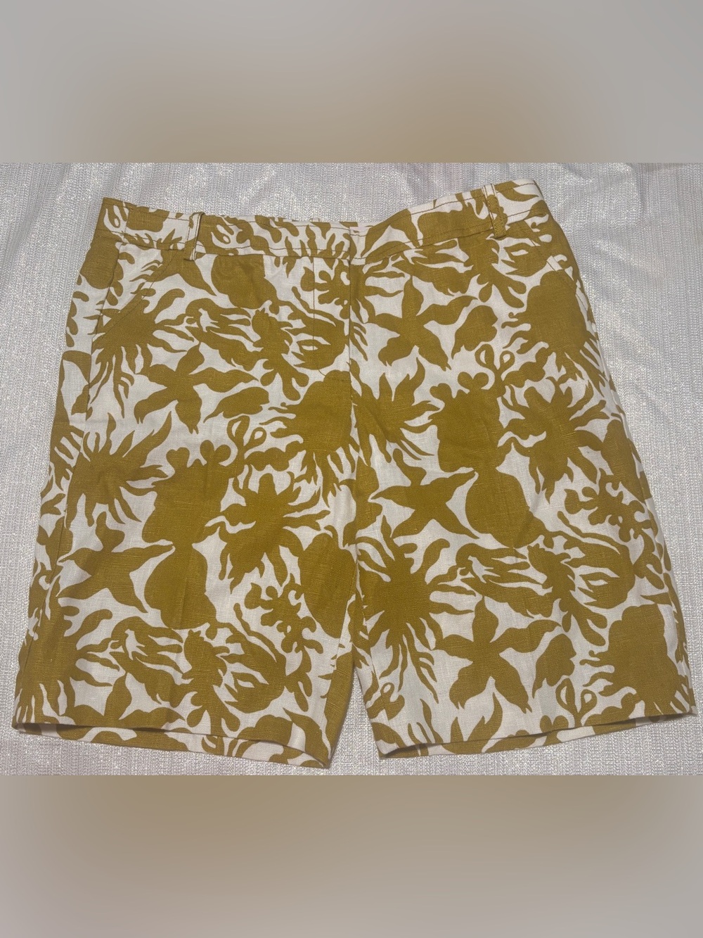J.Crew Women’s 100% Linen Floral Bermuda Shorts Mustard Ivory Size 12